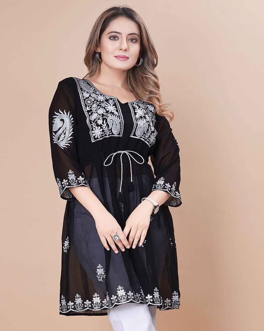 "Elegant Black Chikankari Embroidered Georgette Kurti for Women"