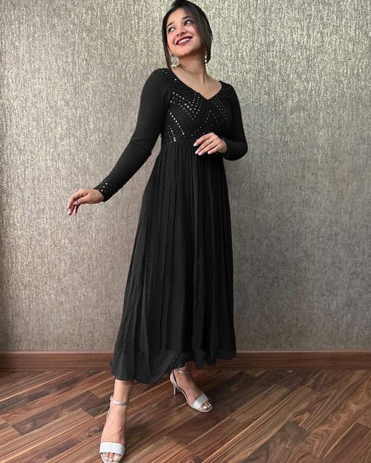 varniraj Women's Georgette A-Line Solid Pattern Full Sleeve Stitched Gown with Duppata