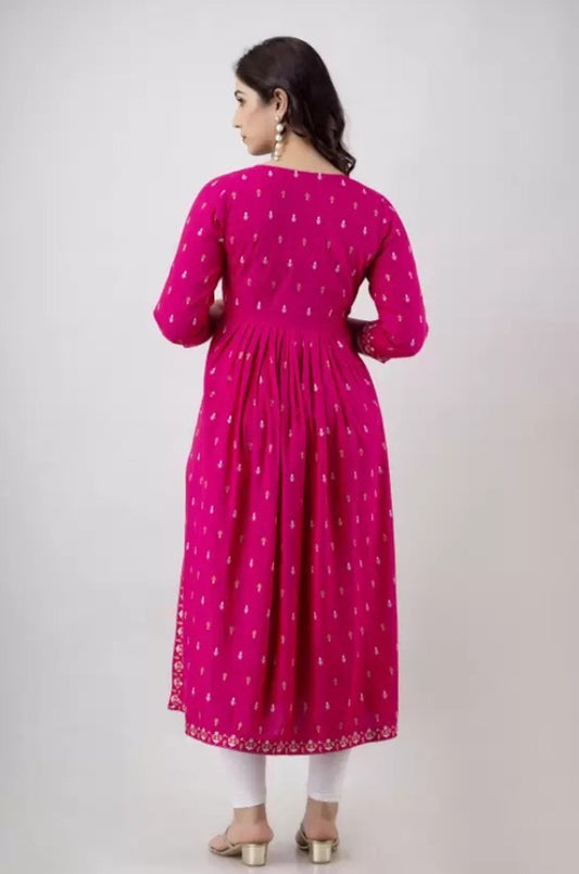 Women Printed Viscose Rayon Straight Kurta (Pink)