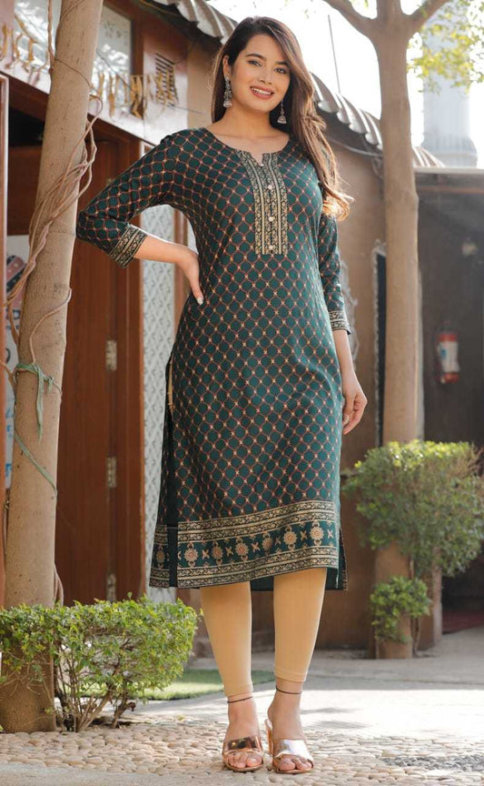 Women Printed Viscose Rayon Straight Kurta (Dark Blue)