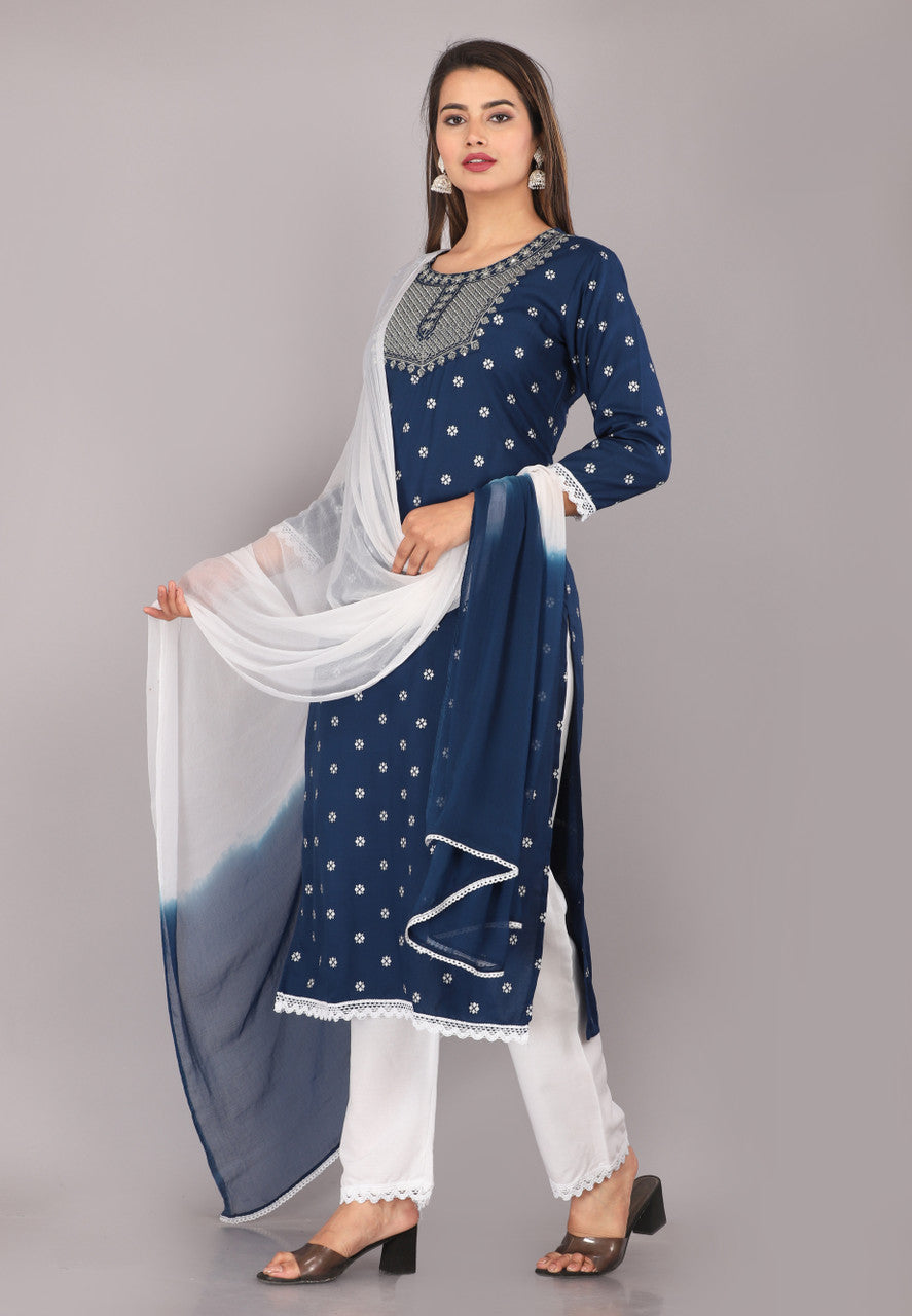RAYON NECK EMROIDERY 3 PC SUIT FOR WOMAN FASHION