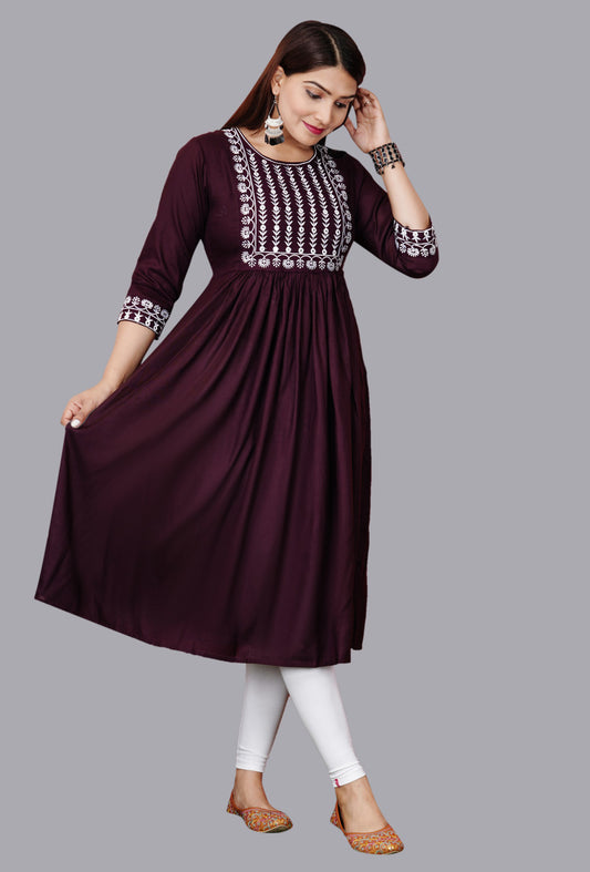 Women Embroidered Viscose Rayon Anarkali Kurta (Brown)