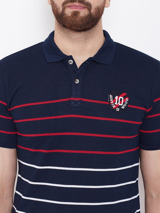 Men Striped Polo Neck Cotton Blend Multicolor T-Shirt